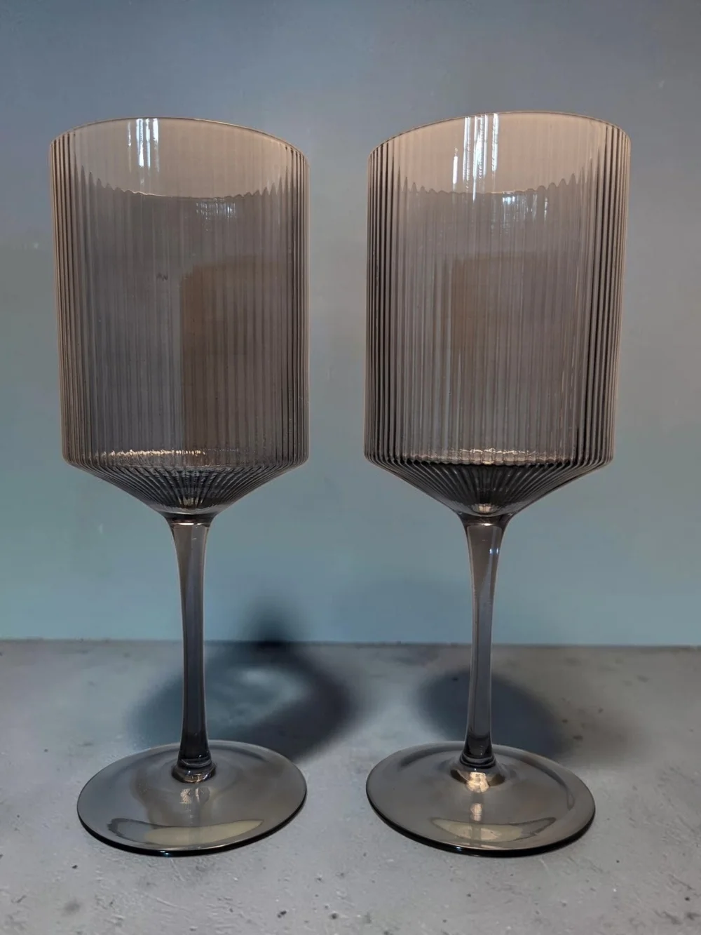 Smoky Gray Ribbed Stemmed Wine Glasses - Set of 2 ♡*